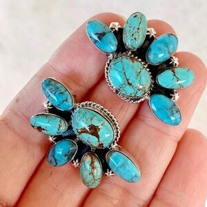 Southwestern Simulated Turquoise, Boho Silver-tone Vintage Inspired Earrings